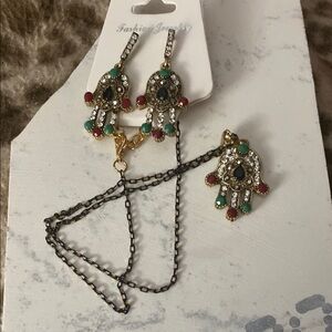 Gold and Red Hamsa Earrings with Necklace